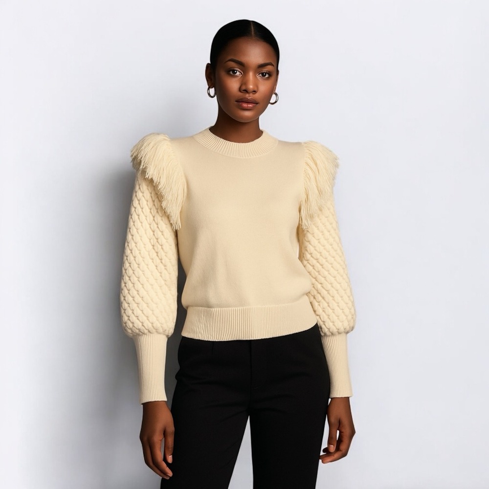 Dolan Fringe Shoulder Sweater Bubble Sleeve Knit Top Cream S Whimsical Romantic‎